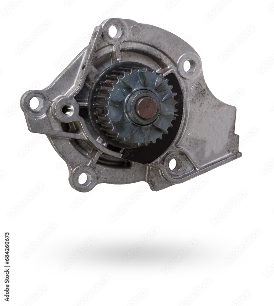 Metal automobile pump for cooling the engine of a water pump on a white background. The concept of used spare parts for the car engine from junkyard