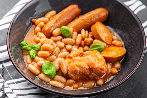cassoulet bean dish meat, bean, sausage cooking eating appetizer meal food snack on the table copy space