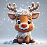 Cute reindeer on snow. Cartoon character. Christmas concept