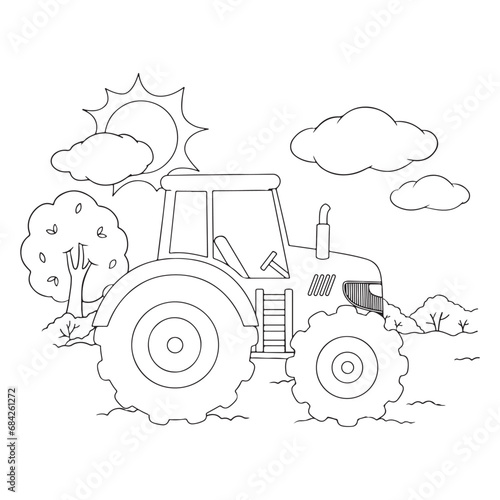 tractor on a farm coloring page for kids,vector illustration isolated on white background