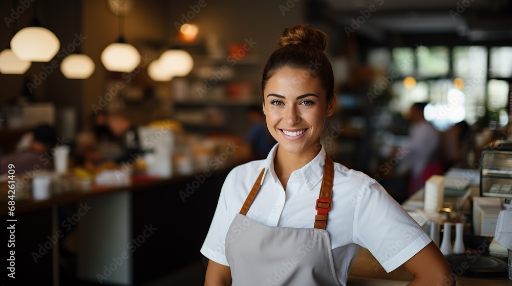Happy woman, and portrait of barista at cafe for order, inventory or checking stock in management. Female person, waitress or employee on technology small business at coffee shop restaurant Happy woman, and portrait of barista at cafe for order, inventory or checking stock in management. Female person, waitress or employee on technology small business at coffee shop restaurant