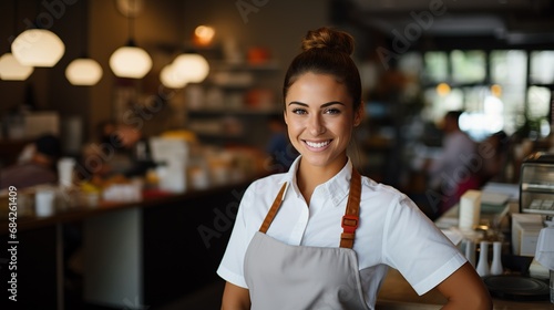 Happy woman, and portrait of barista at cafe for order, inventory or checking stock in management. Female person, waitress or employee on technology small business at coffee shop restaurant