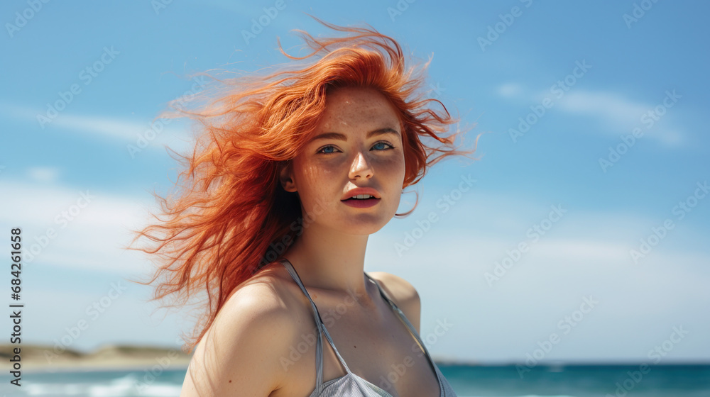 Beautiful redhaired girl smiling against the background of the beach and sea. Beautiful redhaired girl smiling against the background of the beach and sea.