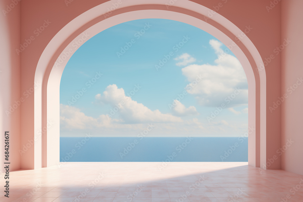 Empty pink room with arch and pillars - calming ocean view - peaceful lucid dream aesthetics - minimalist Architecture design - Contemporary Interior style with modern simplicity. Empty pink room with arch and pillars - calming ocean view - peaceful lucid dream aesthetics - minimalist Architecture design - Contemporary Interior style with modern simplicity.