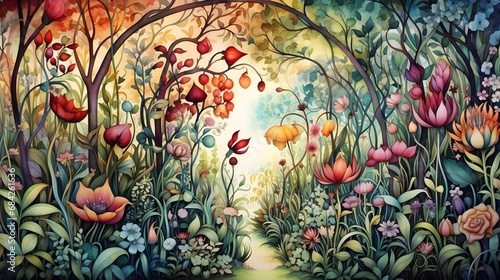 Enchanted Path Through a Lush Floral Forest © FEROHORA