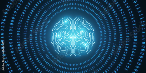 Obraz na płótnie Glowing brain hologram with binary coding on blue background. Programming, machine learning and artificial intelligence concept. 3D Rendering.
