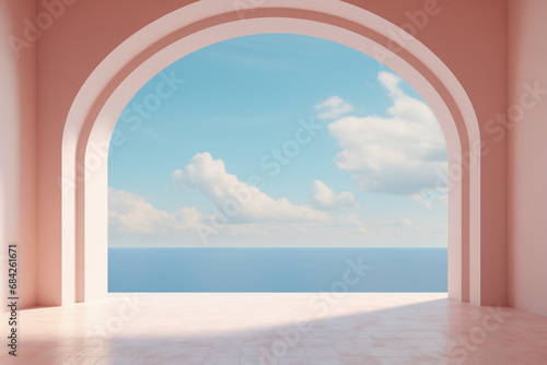 Empty pink room with arch and pillars - calming ocean view - peaceful lucid dream aesthetics - minimalist Architecture design - Contemporary Interior style with modern simplicity.  © SoulMyst