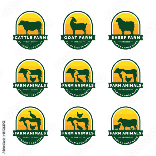 Farm animals logo set vector illustration. Livestock logo set