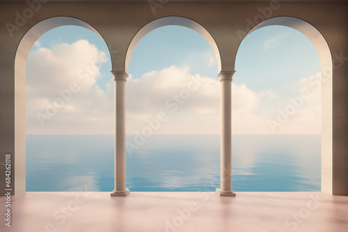 Empty pink room with arches and pillars - calming ocean view - peaceful lucid dream aesthetics - minimalist Architecture design - Contemporary Interior style with modern simplicity.  © SoulMyst
