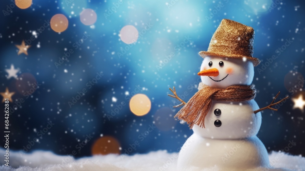 snowman clipart with bokeh in gold and blue in the background, copy space, 16:9