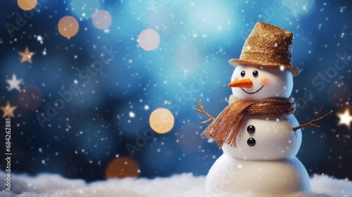 snowman clipart with bokeh in gold and blue in the background, copy space, 16:9 © Christian