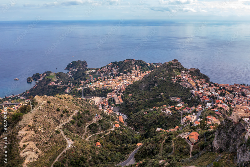 Aerial view of hills of Taormina city, Sicily, Italy Aerial view of hills of Taormina city, Sicily, Italy