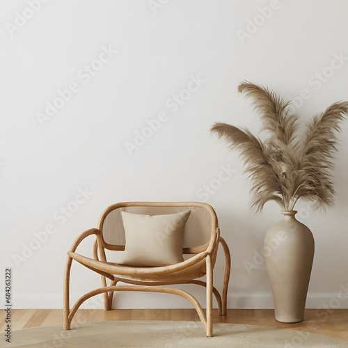 Living room interior wall mockup in minimalist Japandi style with caned chair  beige pillow and dried pampas grass in ceramic vase on empty warm white background.