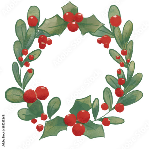 christmas wreath with holly isolated on white background in watercolor style