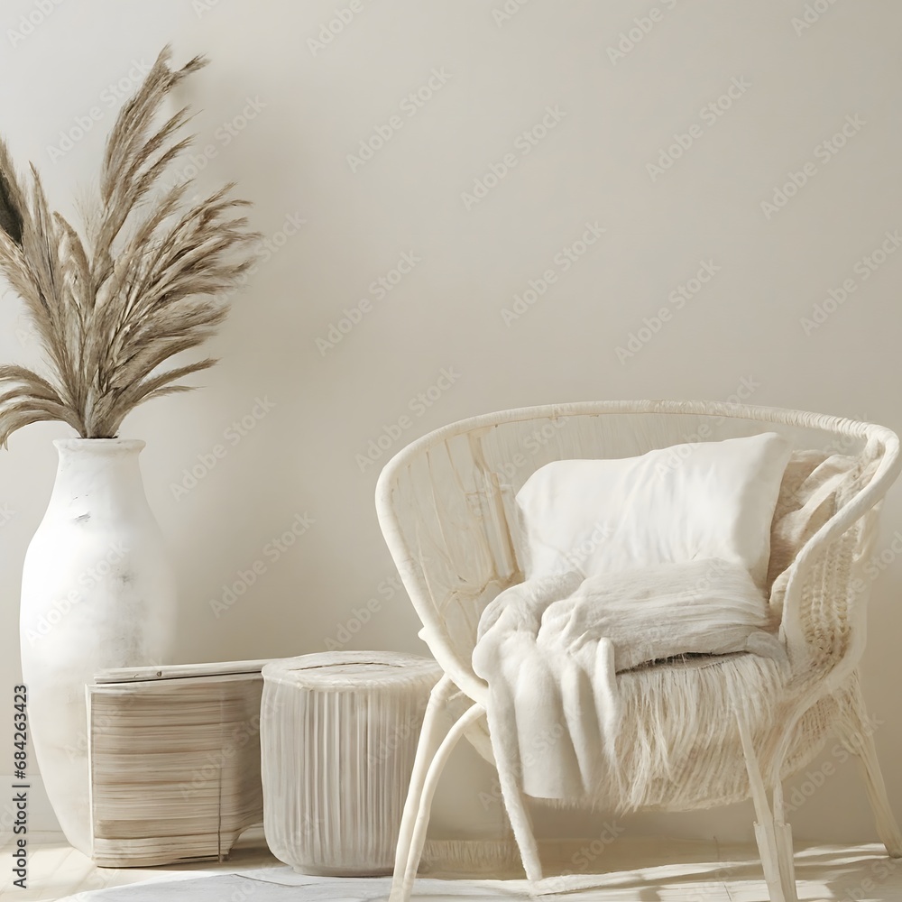 Living room interior wall mockup in minimalist Japandi style with caned chair, beige pillow and dried pampas grass in ceramic vase on empty warm white background.