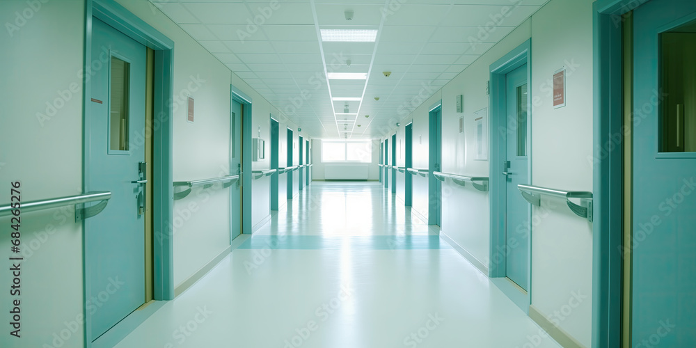 Blurred empty hospital hall, modern and light Blurred empty hospital hall, modern and light