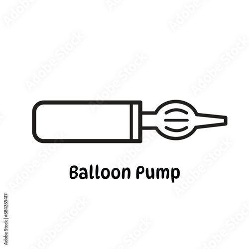 Balloon Pump Blower manual, hand held push air inflator portable vector icon outline isolated on square white background. Simple flat minimalist cartoon art styled drawing.