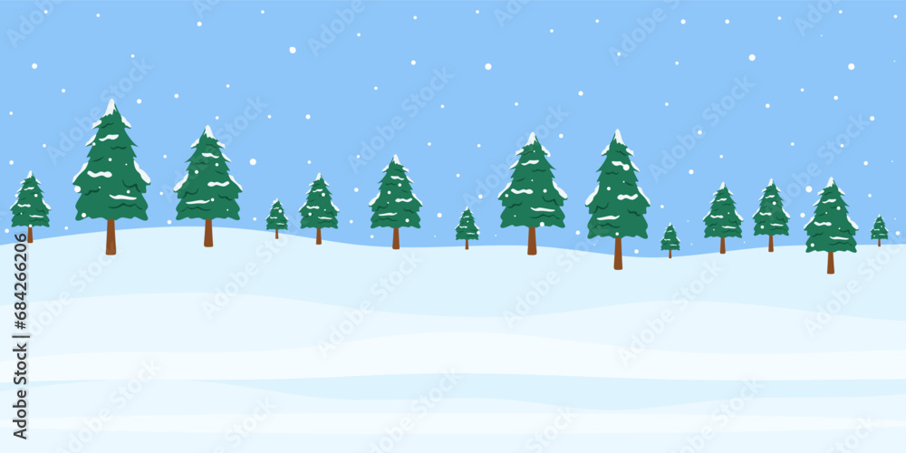 Winter natural landscape with snowfall or falling snow. Beautiful panoramic snowy background. Flat illustration of winter snowy weather. Cold weather. Winter season. Vector illustration