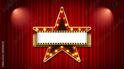 4k animation of a cinema theater sign shape star color red on red curtain ang spotligth