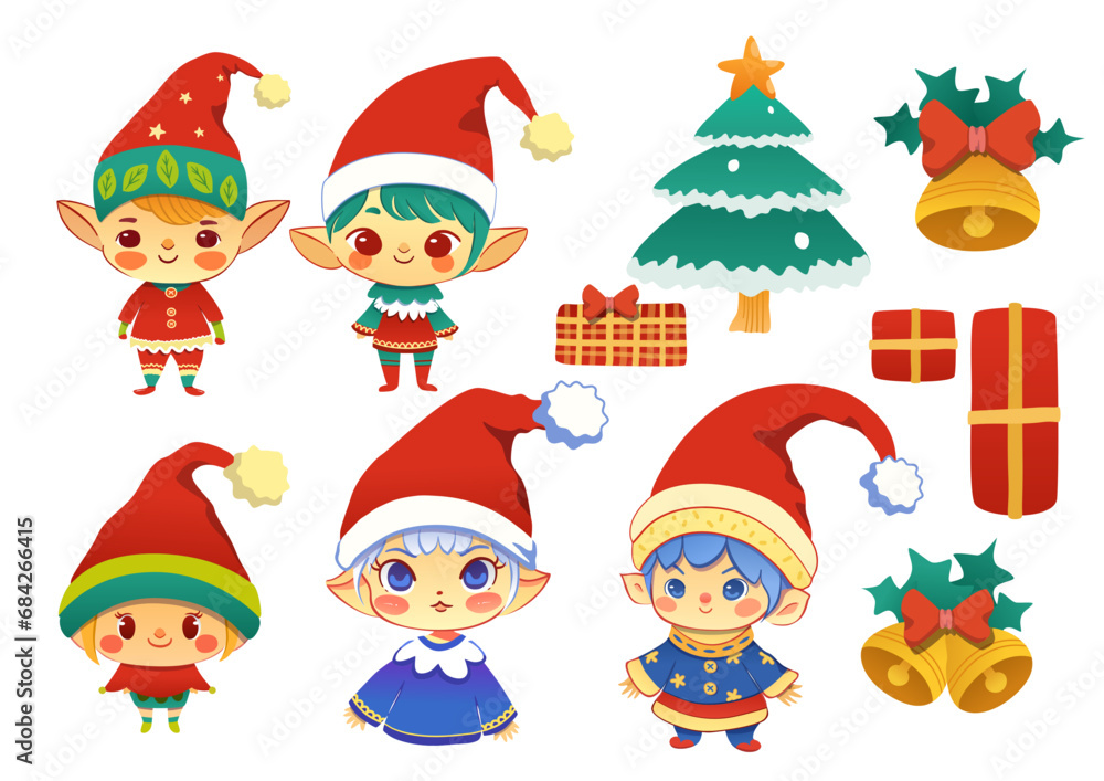 Elf character vector set, Christmas decorations, Santa character, Decorated for New Year's festival, Decorate for celebrations,  Santa Claus character  vector set.