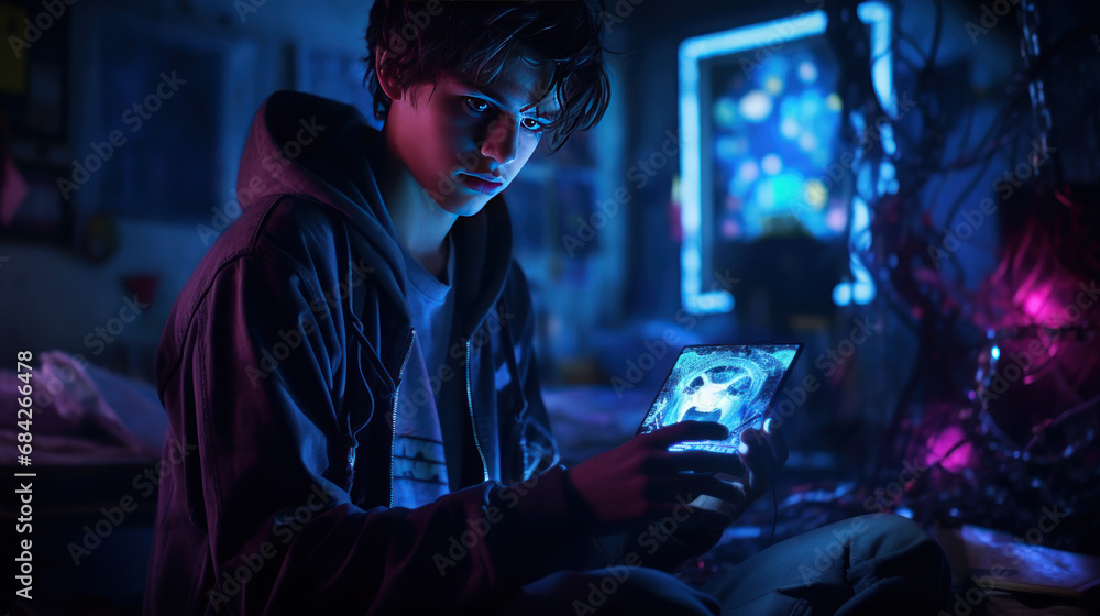 Futuristic image of a hacker illuminated by technology and monitors ...