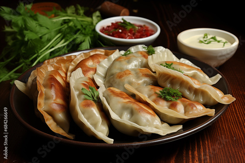 Plate dumplings - pierogi fried with parsley, grilled traditional dish with white and red sauce, parsley, on a wooden table