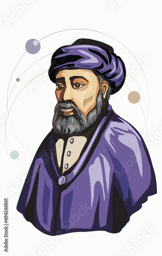 Maimonides, the Rambam Jewish rabbi, philosopher, doctor and spiritual man, author of many books. Vector drawing. A colored portrait is placed on a white background. Icon, wise man. Isolated.