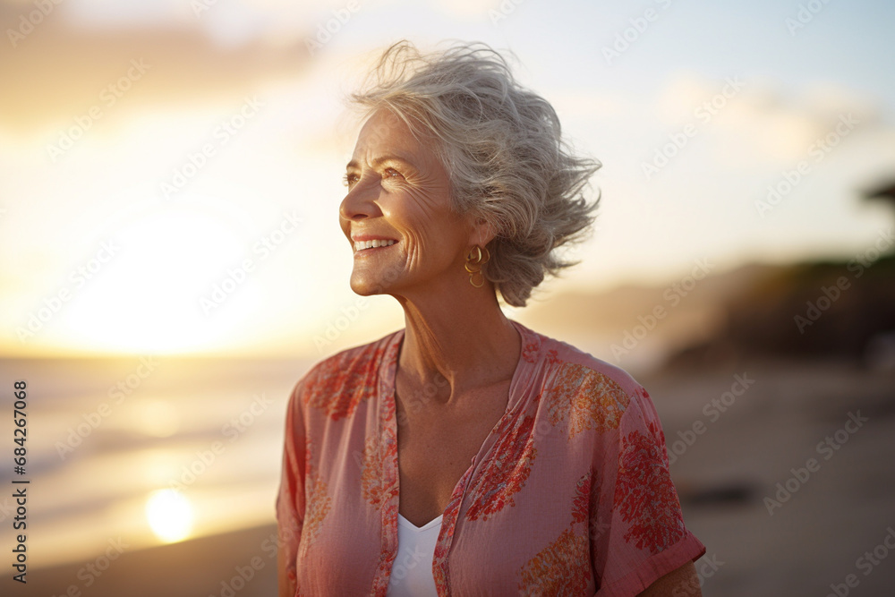 happy old woman standing in front of sunset beach bokeh style background - obrazy, fototapety, plakaty 
