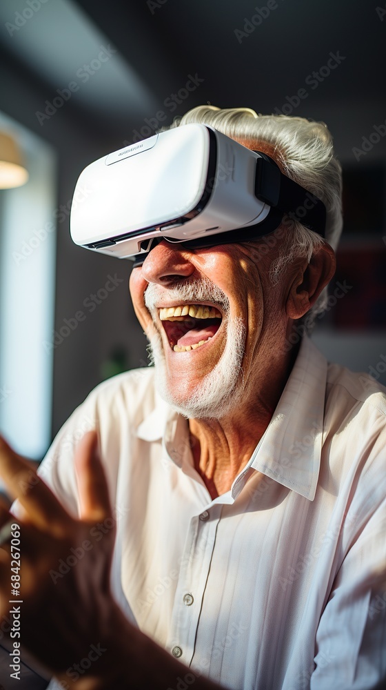 old man using virtual reality goggles at home old man using virtual reality goggles at home
