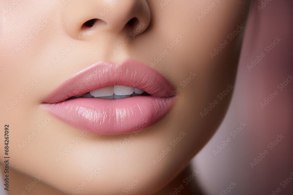 Fototapeta premium Macro happy woman's smile with healthy white teeth, bright pink .lips make-up. Stomatology and beauty care. Woman smiling with great teeth. Cheerful female smile with fresh clear skin