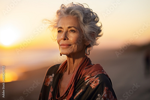 happy old woman standing in front of sunset beach bokeh style background