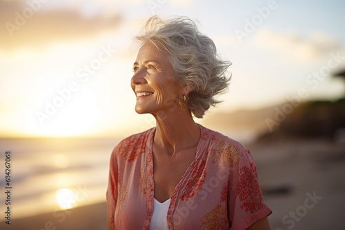 happy old woman standing in front of sunset beach bokeh style background photo