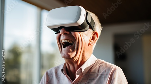 old man using virtual reality goggles at home © Kowit