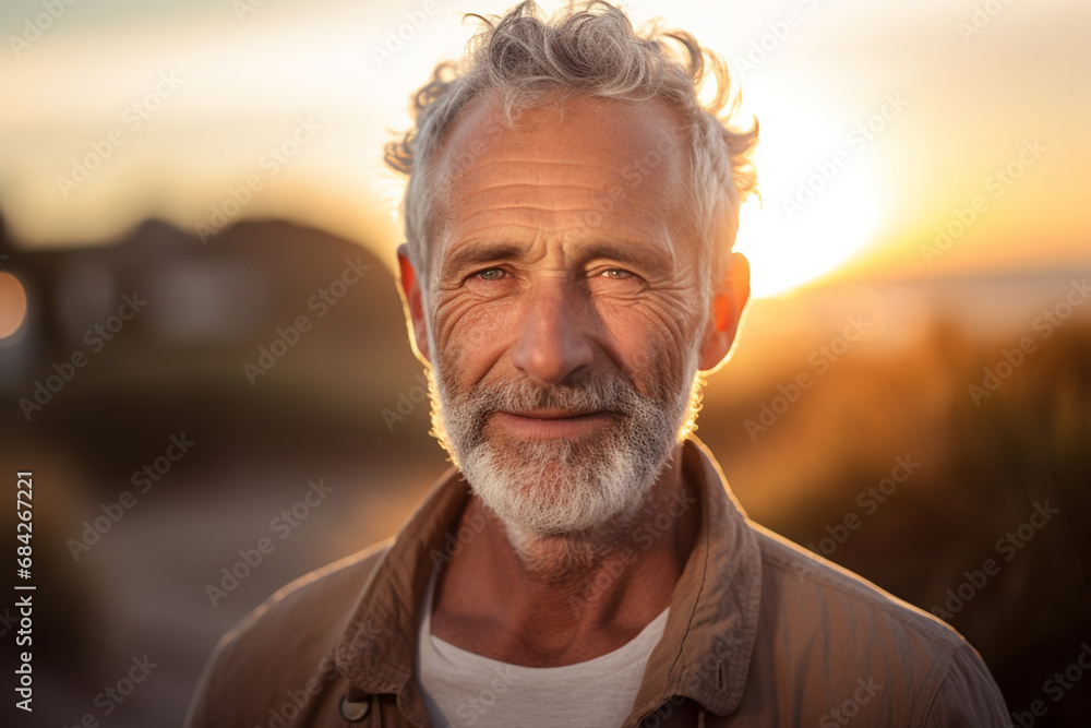 happy old man standing in front of sunset beach bokeh style background