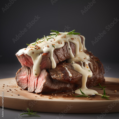 Medium-rare steak stacked and topped with a creamy béarnaise sauce and rosemary, ideal for culinary websites and steakhouse menus.