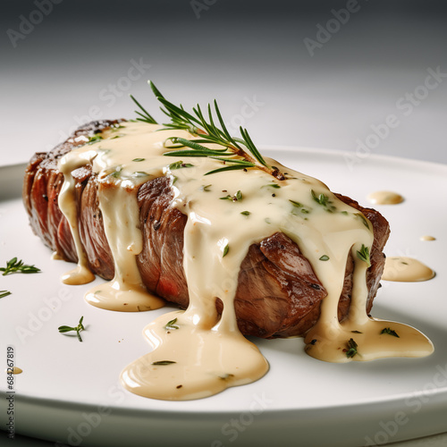 Perfectly cooked steak draped in creamy sauce, adorned with a sprig of rosemary, perfect for fine dining experiences and culinary magazines.