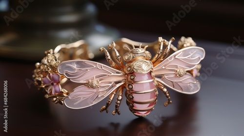 Beautiful jewelry gold ring with beetle and pink flowers. Luxury gold jewelry by handmade. Macro shot of stylish gold ring. 3D illustration of women gold accessories