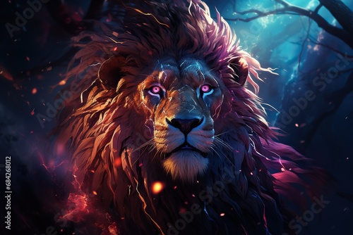 A picture of lion head. with neon lights red eyes wallpaper concept Generative AI