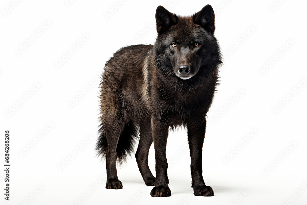Naklejka premium Black Wolf standing on a white background. Beautiful animal front-right portrait
