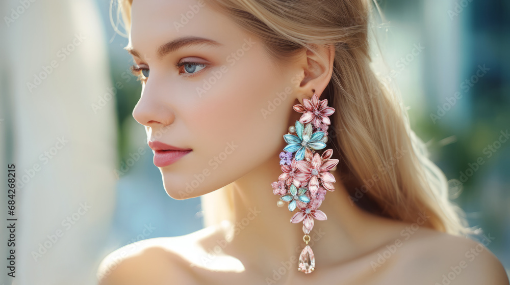 Beautiful young woman with Luxury earrings with precious stones on blue sea background with soft focus. Fashion outdoor photo of sensual woman with blond hair in elegant dress and style accessories.