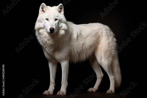White Wolf standing on a black background. Beautiful animal left-side portrait