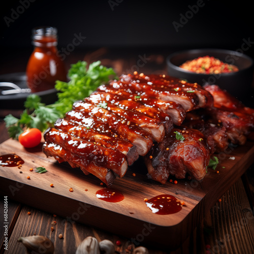 BBQ ribs with glaze on a wooden board, great for grill menus and culinary blogs.