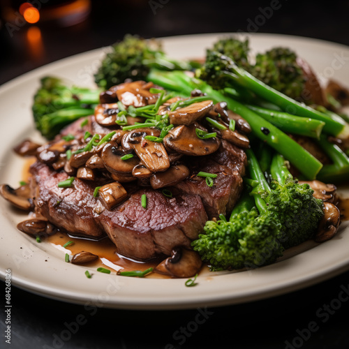 Juicy steak with mushrooms, green beans, and broccoli—a nutritious, flavourful dish.

