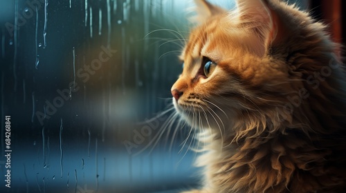 Indoor shot of a cute cat looking out the window, rainy weather