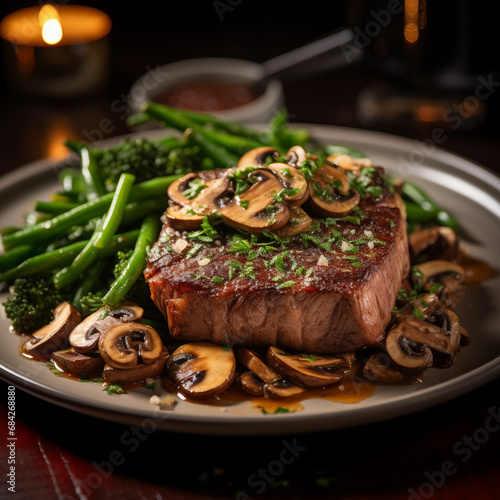 Grilled steak topped with mushrooms, side of broccoli and beans, perfect for a healthy, gourmet meal.