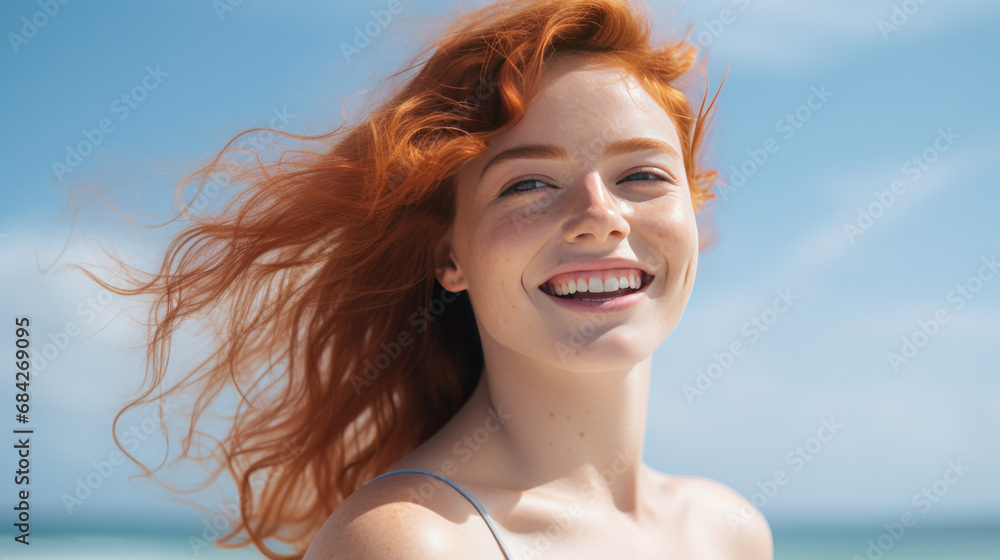 Beautiful redhaired girl smiling against the background of the beach and sea.