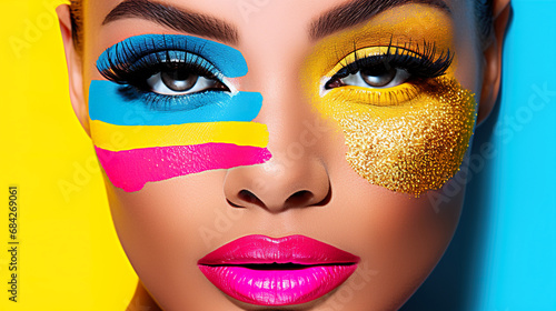 portrait of young beautiful woman with multi colored dye stylish makeup, pretty model female with multicoloured paint make up