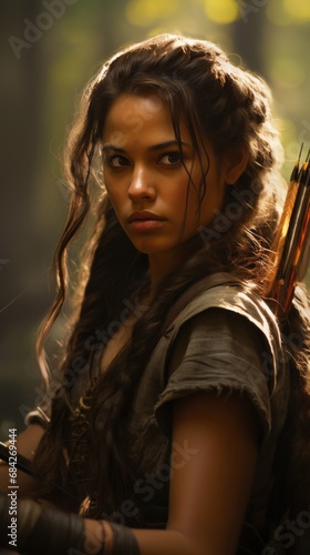 A female woman holding an arrow in a forest tree, in the style of movie still, light brown and bronze with strong facial expression