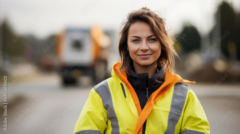 Empowered and Confident Female Road Builder Showcases Strength, Determination, and Leadership in Construction