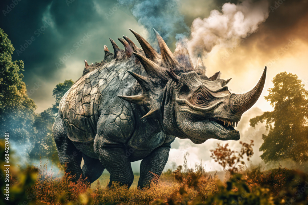 Fototapeta premium A terrible dinosaur Triceratops with an open huge mouth and powerful teeth. Prehistoric monster.
